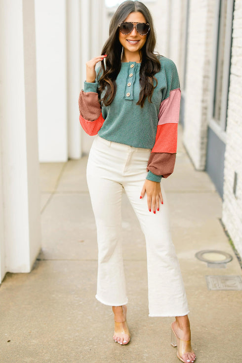 Button Henley Patchwork Textured Knit Balloon Sleeve Top Longline Casual